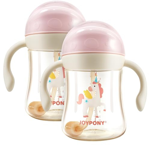 Joypony Sippy Cups for Toddlers 1-3, Spill Proof Weighted Straw Cup with Handle for Baby 6 Months + Old, 2 Pack, Total 4 Silicone Straws, PPSU, BPA Free, 9 oz (Pink)