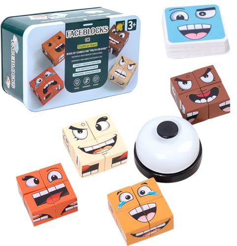 Lotvic Face Changing Magic Cube Game, Face Change Cube Game with Bell, Tabletop Wooden Face Blocks Game, Mini Expression Puzzle Building Blocks Game for Kids Boys Girls Family Party Game Birthday Gift