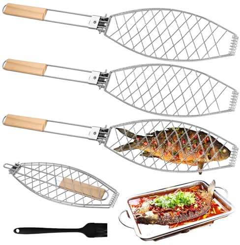 Fisch Grillhalter mit Holzgriff 3er, 63x12cm Große Fischbräter Fischgriller mit Griff aus Metall, Grillfisch Rack Fischgrillzange Fischkorb für Grill und BBQ