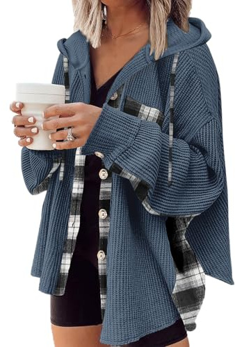 YNIQUE Chemise à Carreaux Femme Chemise Longues Classique Blouses Boutonnées Col en V Hoodie Manche Longue Automne Hiver Top Blouse Chic et élégant