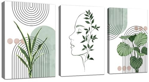 WENGTIAO Set of 3 Boho Sage Green Plants Canvas Wall Art Prints Framed Pictures Aesthetic Geometric Line Painting on Canvas Living Room Bedroom Home Wall Decor Ready to Hang 30x40cmx3