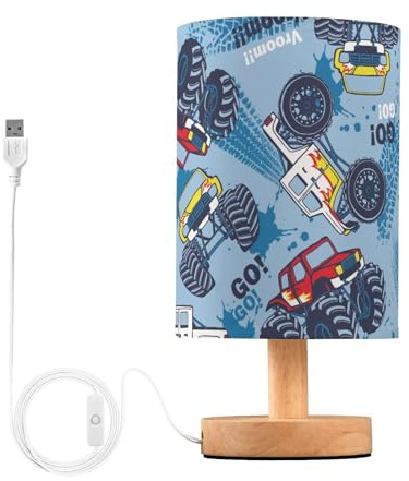 Mnsruu Bedside Table Lamp Racing Truck Cars Blue Bedside Lamps LED Light Desk Lamp Fabric Shade Small Lamp for Bedroom Living Room (Bulb Included)