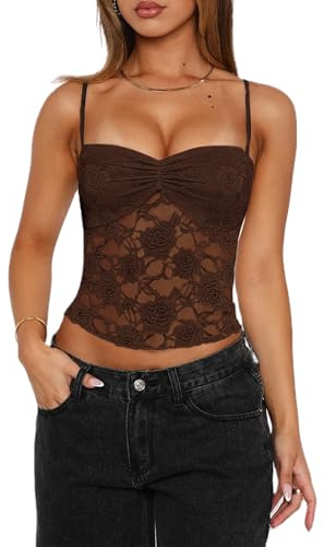 Acrawnni Women's Y2K Lace Cami Tops Sleeveless Spaghetti Strap Sexy Mesh See Through Crop Camisole Backless Bustier Going Out Tops (A-Dark Brown, S)