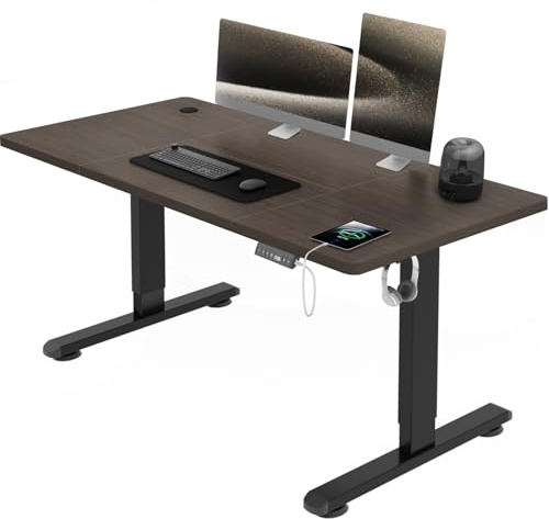 Airfish Höhenverstellbarer Schreibtisch mit USB-Buchse, Elektrisch Schreibtisch mit Kabelwanne, Computertisch, Bürotisch, Stehpult mit Erinnerung an sitzende Tätigkeiten, 120 x 70 cm, Nussbaum