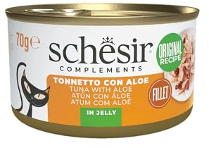 Schesir, Filetes de Atún con Aloe en Gelatina, Comida Húmeda Complementaria para Gatos, en Latas, Receta Original, 100% Natural, 12 x 70g