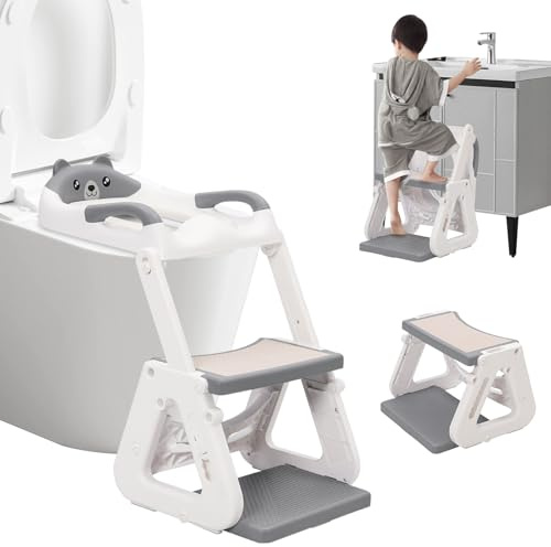 2 in 1 Adjustable Kids Potty Training Seat with Steps Stool,Soft Padded Toddler Toilet Trainer with Handle,Non-slip,Splash-proof,Foldable,Baby Toilet Ladder Seat,Easy Assembly,White