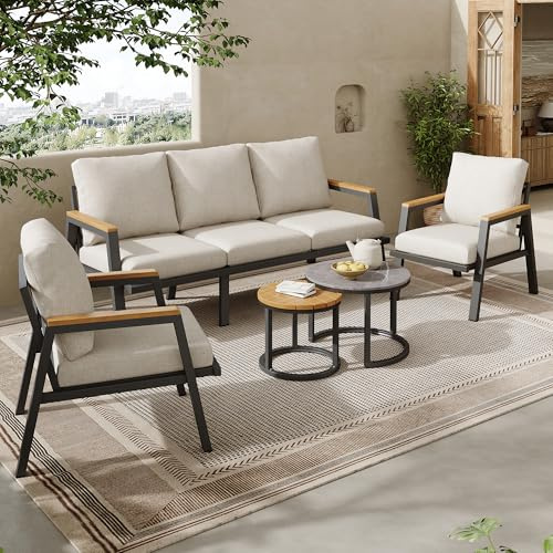 Moimhear Juego de muebles de jardín con cojines, sofá de 3 plazas, 2 sillones y 2 mesas de centro, tapa de cristal lacado en mármol y tablero de madera de plástico, acero galvanizado, color gris