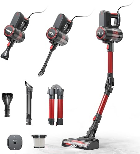 Yikko 3-in-1, 60KPa Staubsauger mit leistungsstarkes Kabel, elektrischer Besen mit biegbarem Schlauch, Staubsauger mit LED, sehr gut geeignet für Teppiche/Böden/Haare (Rot-60)