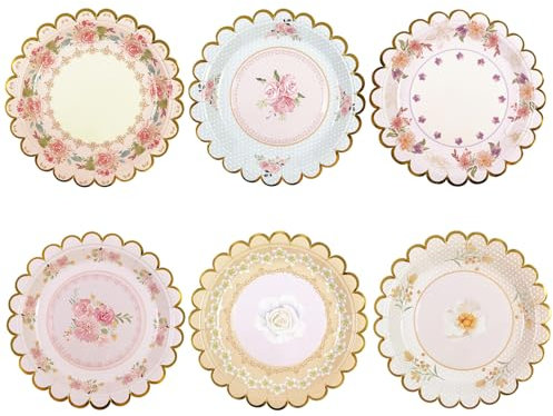 DHAIQC 48 PCS Vintage Floral Paper Plates 7 Inch, Scalloped Flower Party Plates Disposable Cake Dessert Plates for Afternoon Tea Birthday Bridal Shower Baby Shower Wedding Party Decorations (Floral)
