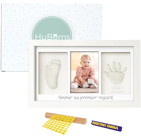 HuBorns – Kit impronte neonato con argilla, cornice per calco mani e piedi, idea regalo nascita o battesimo, ricordo originale per bimbo e bimba (Bianco con lettere)