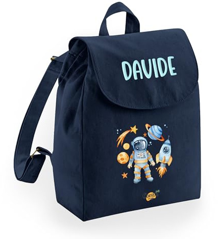 Caribu design Zainetto Bambino Bambina 100% Cotone Organico Personalizzato con Nome - Zaino Piccolo da Bimbo - Cartella Personalizzabile per Scuola Asilo Materna Sport Gite Viaggi 22x30x12 cm (Blu)