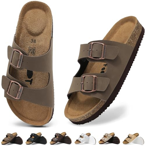 Wizshoe Pantufas Mujer Sandalias Chanclo Corcho Cuero Deslizantes Ajustables Espuma Viscoelástica Marrón 39EU