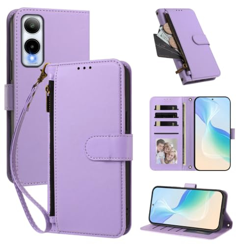 Telefonfodral Kompatibel med Cricket Icon 6 (SL219C),Kompatibel med AT&T Verge (SL219A)【Plånbok med dragkedja och handledsrem Kortfack Uppfällbart stativ】Purple