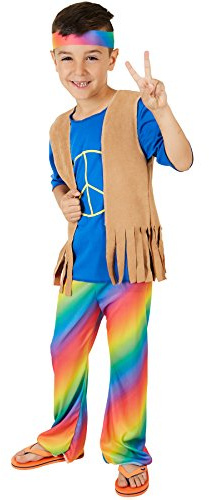 dressforfun Costume da Bambino - Boy Peacemaker | T-shirt Bella e Comoda | Vivaci Pantaloni a Zampa D'elefante | Incl. Gilet e Graziosa Fascia per Capelli Hippie (3-4 anni | No. 300905)