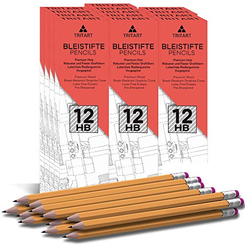 Tritart Bleistifte I 156 Bleistifte mit HB Mine + Radiergummi I HB Bleistift Set mit angespitzter Mine für Schule + Büro + Skizzieren I 13 Packungen je 12 Holz-Bleistifte zum Zeichnen + Schreiben