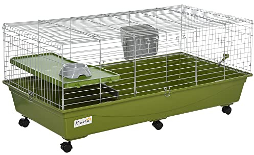 PawHut 47 L Small Animal Cage, Rolling Bunny Cage, Guinea Pig Cage with Food Dish, Water Bottle, Hay Feeder, Platform, Ramp for Chinchilla, Green