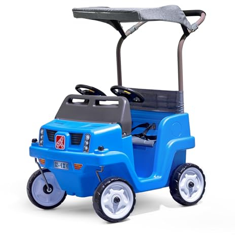 Step2 Side-by-Side Push Around SUV, 2-Seater Kids Push Car with Seat Belts, Dual Steering Wheels & Horns, Adjustable Canopy, Ages 18 months–5 years, Max 100 lbs., Durable Plastic, Blue