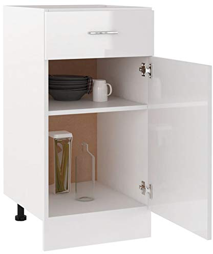 Tidyard Küchenschrank 2 Regalböden 1 Schublade Schrank Küchenzeile Küchenmöbel Schubladenschrank Lagerschrank Hochglanz-Weiß 40x46x81,5cm Spanplatte