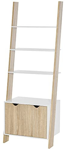 HOMCOM Libreria a Scala con 3 Mensole e Armadietto, Libreria a Scala Stile Nordico in Legno, 60x40x171cm, Rovere e Bianco