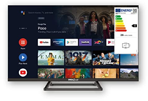DIGIQUEST Smart TV 32”, Frameless, HD Ready, Android Google TV, Wi-Fi, LCN Tivùsat, Doppio tuner, Mediaplayer, Funzione CEC, base centrale, Nero [classe di efficienza energetica E]