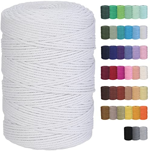 GOHOF Macrame Cord 3mm x 328yards Natural Cotton Rope Colored Rope Soft Cotton Cord for Plant Hanger Wall Hanger Dreamcatcher (White)