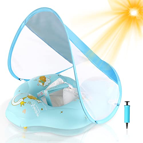 WYRIAZA Bouée Bébé Bouee Bebe avec Pare Soleil SPF 50+ | Améliorez Bouée Bébé 8-16Kgs avec Une Balle d'Équilibre pour Éviter Le Renversement | Bouee Bebe Piscine Gonflable (L 6-36 Mois, Bleu)