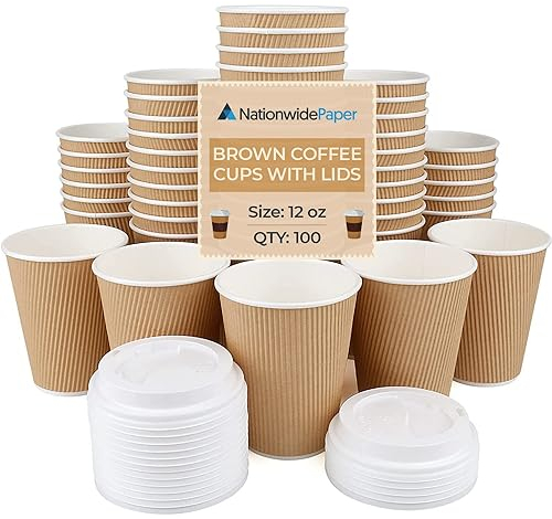 Nationwide Paper Lot de 100 gobelets à café jetables en papier avec couvercles, isothermes et ondulés, pour boissons chaudes à emporter, marron (355 ml, marron)