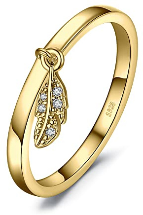 JewelryPalace Bague Zircone Cubique Anneau Femme Argent Sterling 925, Plaqué Or Jaune Bague de Fiançailles, Plumes Breloque Bagues Anniversaire Mariage Promise Alliance, Bijoux Femme