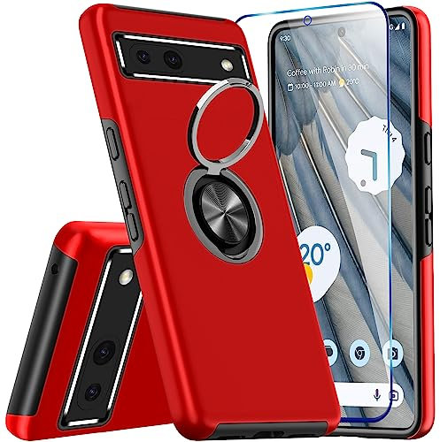 KRAFTCARE for Google Pixel 7a Case with Kickstand Ring and Screen Protector, Shockproof and Anti Scratch 360° Magnetic Ring Holder Stand Phone Cover for Google Pixel 7a - Red