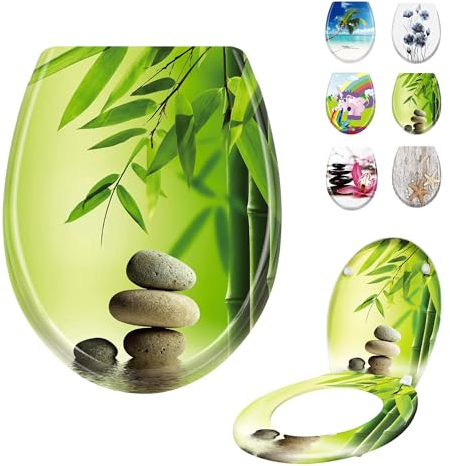LARS360 Toilettendeckel WC Sitz mit Absenkautomatik, Antistatisch Antibakteriell Leicht zu Reinigen Abnehmbar Für Meisten Klodeckel Hänge WC, 45 x 38cm (Bambus und Steinkunst)