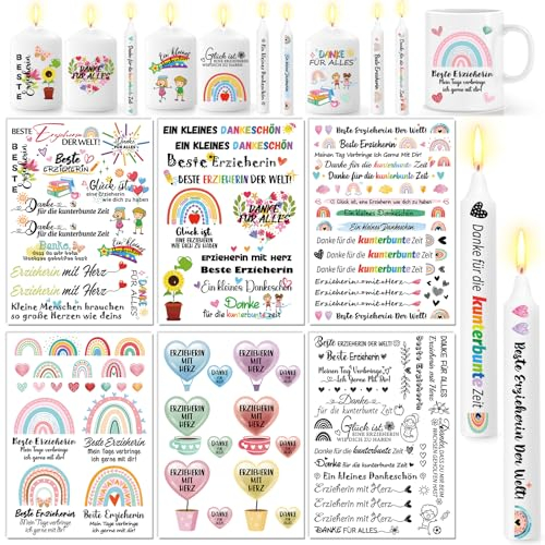 DPKOW 6 Blatt Kerzentattoos Abschiedsgeschenk Erzieherin Wasserschiebefolie Kerzen Danke Erzieherin Abschied Kerzentattoo Folie Sprüche Lehrerin mit Herz Kerzensticker Kindergarten Erzieherin Abschied