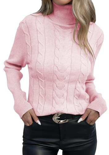 iChunhua Maglione a collo alto da donna di base, lavorato a maglia, rosa, S