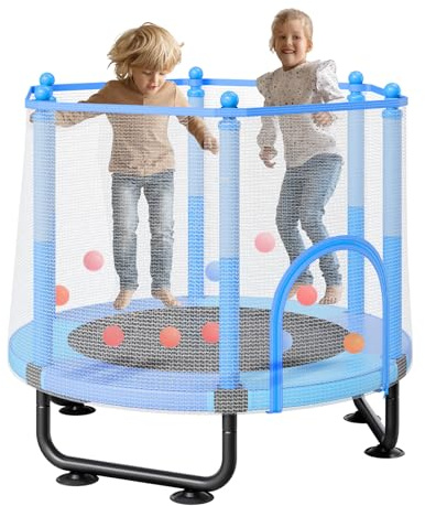 VEVOR Trampolín para Niños para Interiores y Exteriores, Mini Trampolín Recreativo para Niños Pequeños con Red de Seguridad y Aro de Baloncesto, para Niños de más de 3 Años, Azul, 1545 x 1210 mm