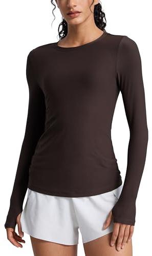 CRZ YOGA Womens Cloudweight Crew Neck Long Sleeve Tee Shirts Workout Athletic Casual Lightweight Basic Tops with Thumb Hole Hot Fudge Brown 10