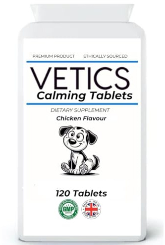 Vetics Calming Tablets for Dogs – Natural Anxiety Relief – Stress Support for Fireworks, Travel, Separation Anxiety & Hyperactivity – 120 Chicken-Flavored Tablets