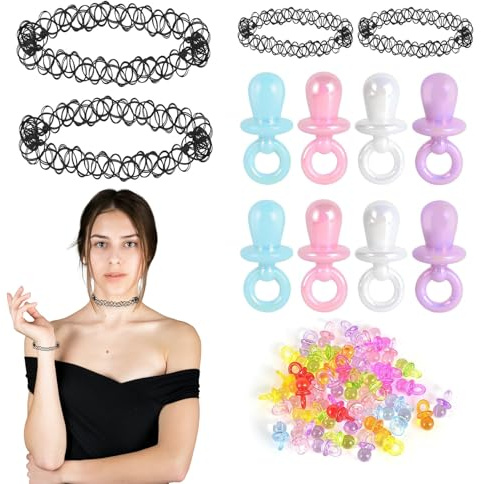 Collana per ciuccio con catena per tatuaggi, anni '90, anni '90, accessori per tatuaggi, collare, collana di perle e ciuccio, in plastica, corda di cera, per feste a tema 80 anni '90