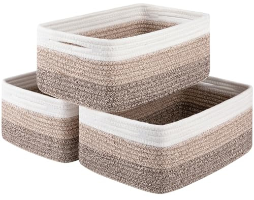 OIASKET 3 Pack Small Storage Baskets for Organizing, Cute Woven Decorative Gift Baskets for Shelves, Mini Closet Organizer Bins with Handles-13''Lx8.66''Wx5.11''H-Brown White