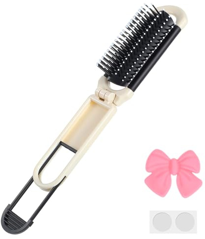 Folding Hair Brush, 11 cm Small Hair Brush, Mini Handbag Hairbrush with Removable Mirror & Classic Bowknot for Women and Girls, Purse, Makeup Bag, Travel Home, (Cream White)