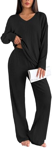 Ekouaer Women's Pyjamas Set Ribbed Knit Winter Pjs Set Lounge Set Long Sleeve Sleepwear with Warm Fluffy Fabric, Black S