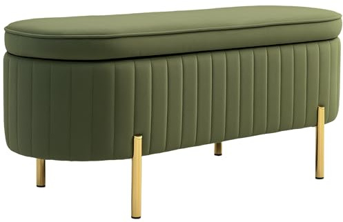 HOMCOM Sitzbank mit Stauraum Polsterbank mit Klappdeckel, Samtoptik, Bettbank Sitztruhe mit Metallbeine, Truhenbank für Flur, Wohnzimmer, Schlafzimmer 108 x 44 x 43,5 cm, Grün
