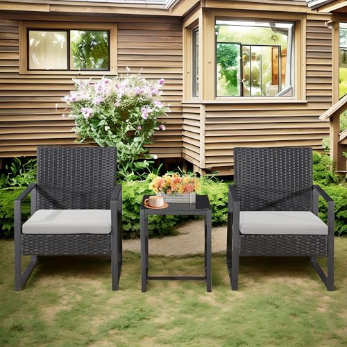 BUYEREMPIRE 3 Pieces Outdoor Bistro Set Rattan Wicker Garden Patio Modern Conversation Furniture with Coffee Table Cushions and 2x Chairs All weather for Balcony, Lawn and Poolside (Black)
