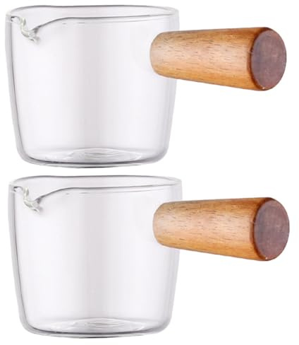 ANDRESLAD 2 tazze da caffè in vetro con manico in legno, resistente al calore, per un facile versamento, versatili, come misurino per caffè espresso, salse, per casa e ristorante