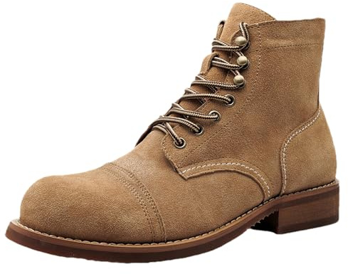 ANUFER Hombre Vintage Cuero Genuino con Cordones Biker Botas | Punta Redonda, Tacón Bloque 3,5 cm, Tobillo Alto, Duradero, Cool Botas Moto