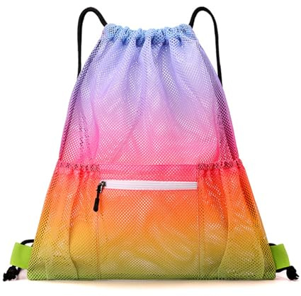 YSAOAKA Mesh Drawstring Bag with Zipper Pocket, Breathable Meshes Beach Bag, Beach Bags, Backpack for Swimming Gear Gym, for Adult Kids