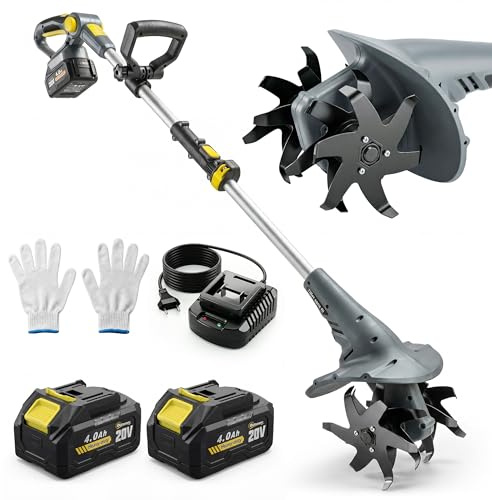 Outsunny Motobineuse sans Fil 18V - Motoculteur Électrique 355W avec 2 Batteries 4,0Ah - Léger et Anti-Mal de Dos, Largeur 20cm - Kit Complet pour Ameublir Le Sol, Potager et Seniors, Gris