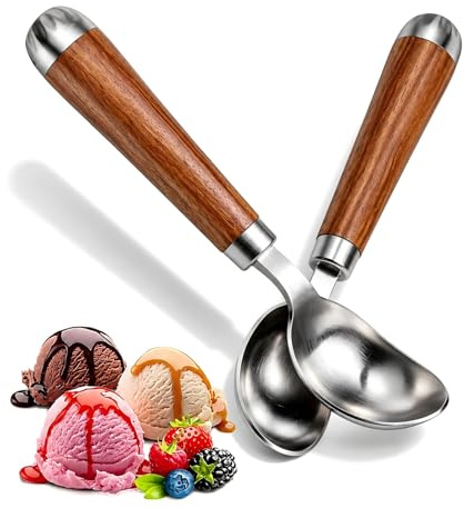 Set da 2 Porzionatori Gelato in Acciaio Inox 304, Cucchiaio Gelato da 19 cm con Manico Ergonomico Effetto Legno, per Gelato, Sorbetto, Impasto Biscotti e Frutta