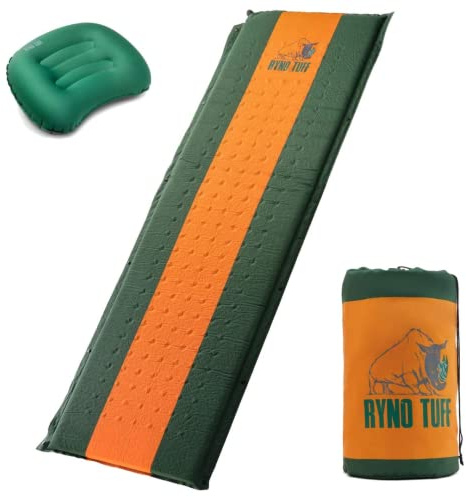 Ryno Tuff 24 x 75 Inch Lightweight Self Inflating Camping Sleeping Pad & Camping Inflatable Pillow Set - Ultralight Insulated Hiking & Backpacking Travel Gear for Adults - Packable Floor Sleeping Mat