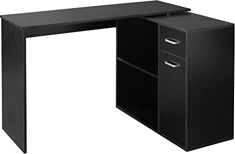HOMCOM L Shaped Computer Desk, 180° Rotating Corner Desk with Storage Shelves, Drawer and Cabinet, Study Workstation for Home Office, Black