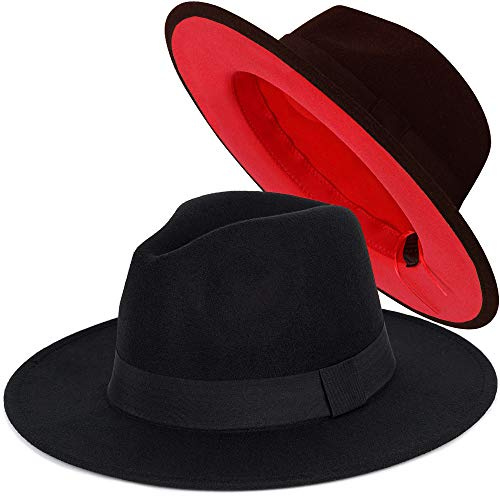 FADACHY Trendy Fedora Hat Wide Brim Wool Dress Felt Hat Red Bottom Two Tone Black 2 Colors