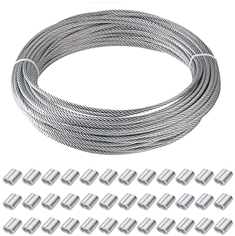 aufodara 30M Stainless Steel Wire Rope 2mm PVC Coated Cable Rope, Picture Hanging Wire, Garden Wire, with 36Pcs Aluminum Crimping Sleeves (30M)